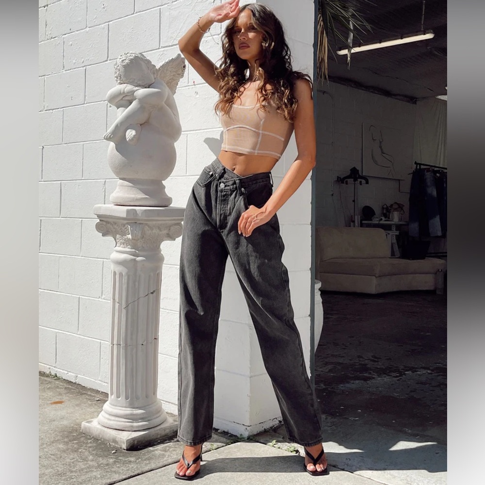 Princess Polly Holly Asymmetric Straight Leg Jean Black Denim